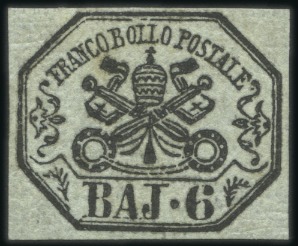 Stamp of Italian States » Papal States 1852 6b Black on grey, very strong proof-like impr