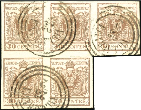 Stamp of Italian States » Lombardy Venetia 1850-57 30c Brown, type I, remarkable used block o