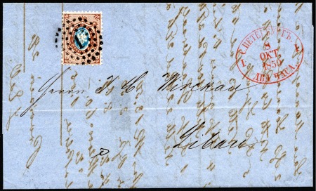 Stamp of Russia » Russia Imperial 1858 Second Issues Arms perf. 12 1/4 : 12 1/2  (St. 5-7) 10k Blue and brown tied to folded cover to Libau b