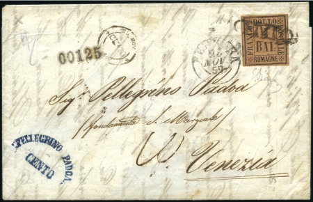 Stamp of Italian States » Romagna 1859 4b Black on tan with large margins, tied to c