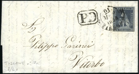 Stamp of Italian States » Tuscany 1851-52 6cr Blue with clear to large margins tied