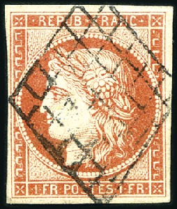 Stamp of France 1849 1F vermillon vif, oblitération grille propre,