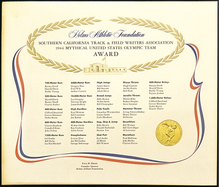 Stamp of United States 1944 Helms Athletic Foundation award certificate f