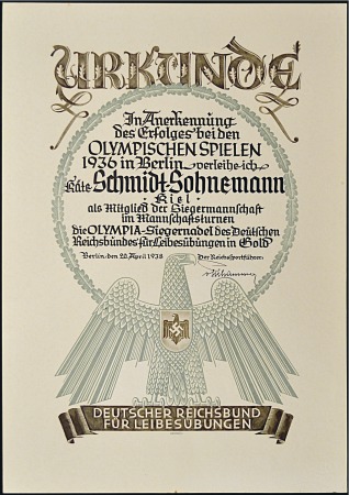 Stamp of Olympics Certificate awarded to a member of the Gymnastics 