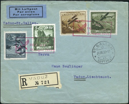 Stamp of Liechtenstein Liechtenstein 1930 reg'd airmail cover to St. Gallen