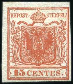 Stamp of Italian States » Lombardy Venetia 1850-57 15c Vermilion Red, type I, ample margins a
