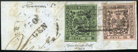 Stamp of Italian States » Modena 1855, 5 c. verde oliva, punto in alto dopo il "5", usato su frammento in combinazione con 1852 10 c. rosa chiaro 