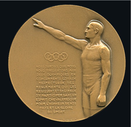 Stamp of Large Lots and Collections Olympic Oath medal, 49mm, bronze, showing saluting