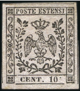 Stamp of Italian States » Modena 1852, 10 c. rosa, punto in alto dopo "10", margini eccezionali, nuovo con gomma