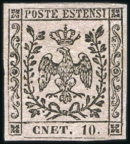 Stamp of Italian States » Modena 1852 10c on Rose, "CNET." variety (with period aft