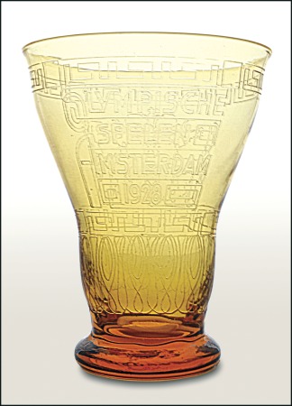 Stamp of Netherlands Glass vase, 118mm tall, amber glass with etched Ga