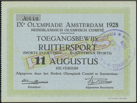 Stamp of Olympics Equestrian Sports Press Pass issued by the Dutch O