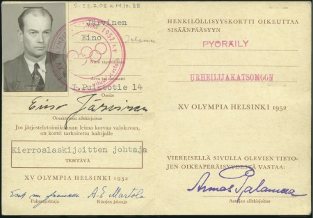 Stamp of Olympics » 1952 Helsinki Official Identity Card for Eino Järvinen a cycling