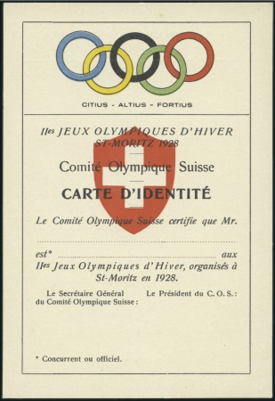 Stamp of Olympics » 1928 St. Moritz Identity card, unsigned & unused, very fine & scar