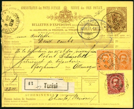 Stamp of Italy » Post Offices Abroad TUNISIA: 1892 1.75L Parcels card (issue of 1888) w