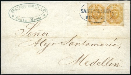 Stamp of Colombia Unique Usage of a pair of the 10c first issue on c