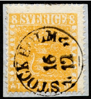 Stamp of Sweden » 1855 Skilling Banco 8sk Orange-yellow from the blurred print, neatly t
