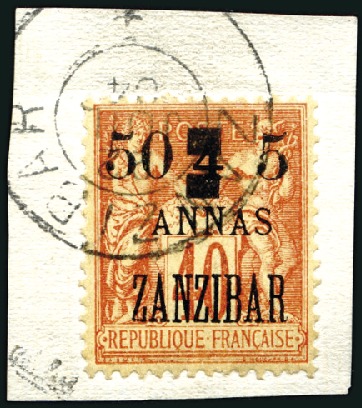 Stamp of Colonies françaises » Zanzibar (Poste française) 1904 50 et 5 sur 4a sur 40c obl, TB, rare, tirage 