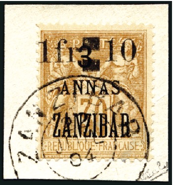 Stamp of Colonies françaises » Zanzibar (Poste française) 1904 1F et 10 sur 3a sur 30c obl. sur fragment, TB