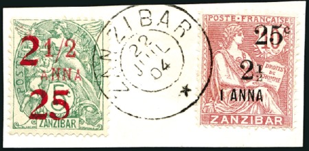Stamp of Colonies françaises » Zanzibar (Poste française) 1904 Deux valeurs sur fragment avec càd Zanzibar 2