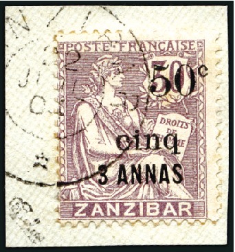 Stamp of Colonies françaises » Zanzibar (Poste française) 1904 50c et cinq sur 3a sur 30c obl. sur fragment,