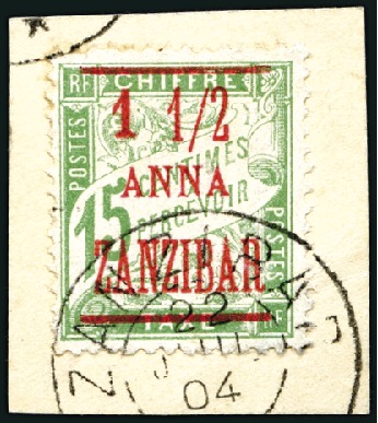 Stamp of Colonies françaises » Zanzibar (Poste française) 1904 1 1/2a sur Taxe 15c obl. sur fragment, TB, ra