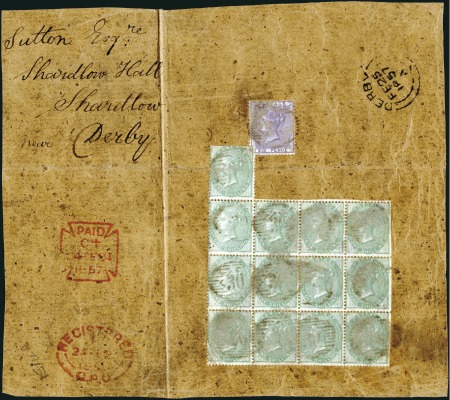 Stamp of Great Britain » 1855-1900 Surface Printed 1855-57 1s Green in irregular block of 13 on large
