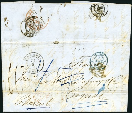 Stamp of Australia » Victoria 1854 Folded entire from Melbourne to Cognac and da