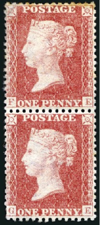 Stamp of Great Britain » 1854-70 Perforated Line Engraved 1d Red pl.45 FE/GE vert. mint og pair, FE showing 
