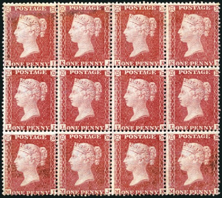 Stamp of Great Britain » 1854-70 Perforated Line Engraved 1d Red pl.27 KI/ML unused block of 12, KL and LL s