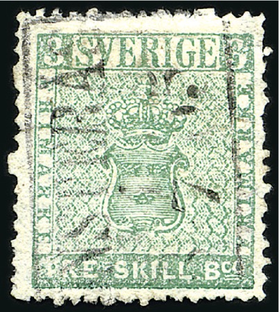 Stamp of Sweden 1855 3sk Light bluish green, neatly cancelled by a