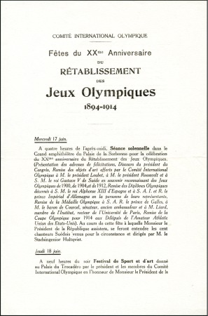 Stamp of Large Lots and Collections 1914 20th Anniversary of the IOC: Programme sheet 