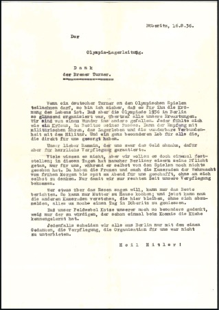 Stamp of Olympics » 1936 Berlin » Documents, Programmes, Tickets, etc. 1936 Berlin. Thank you letter from the Bremer Gymnastics Association to the 1936 Olympic administration