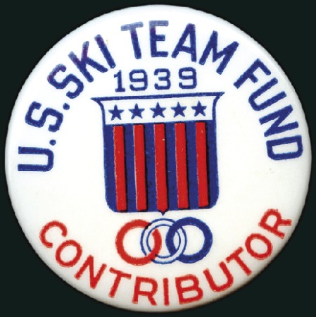 Stamp of Olympics USA Ski Team fund raising badge, 37mm, plastic, wi
