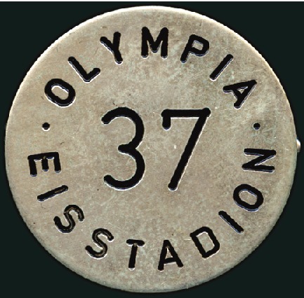 Stamp of Olympics "OLYMPIA / 37 / EISSTADION" pin badge, 34mm, silve