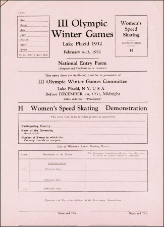 Stamp of United States Official entry form (unused) for the Women's Speed