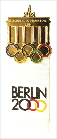 Stamp of Olympics 1991 IOC Session in Tokyo. Berlin 2000 bid badge, 