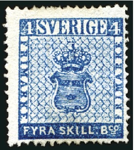 Stamp of Sweden 1855 4sk Greenish blue, unused with part original,