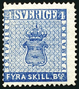 Stamp of Sweden 1855 4sk Blue, unused with part original, fine & s
