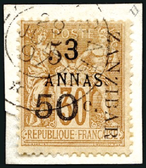Stamp of Colonies françaises » Zanzibar (Poste française) 1897 5 et 50 sur 3a sur 30c obl. sur petit fragmen