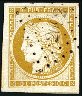 Stamp of France 1849 10c bistre-jaune avec deux voisins, obl. PC,