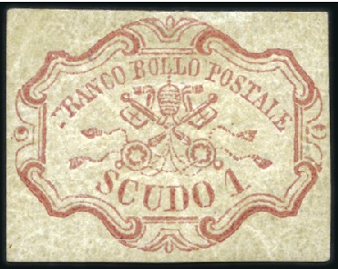 Stamp of Italian States » Papal States 1852 1Scudo Carmine rose, large margins, mint with