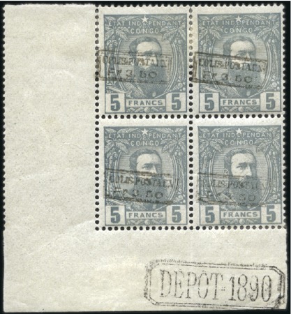 Stamp of Belgian Congo » Belgian Congo 1889 Parcel Post 3F50 sur 5F gris, surcharge noire, en bloc de quat
