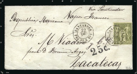 Stamp of France 1877 Enveloppe pour le Mexique avec 1F Sage obl. p