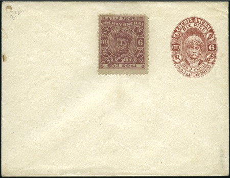 Stamp of Indian States » Cochin 1946-48 6p Red-Brown perf.11, stuck on unused 6p p