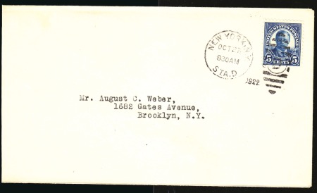 Stamp of United States 1922-25 Fourth Bureau 5c tied by First Day “New Yo