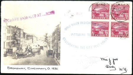 Stamp of United States 1929 2c Ohio River (681) block of four tied to Fir