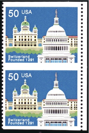 Stamp of United States 1991 50c Switzerland Anniversary, Imperforate Hori