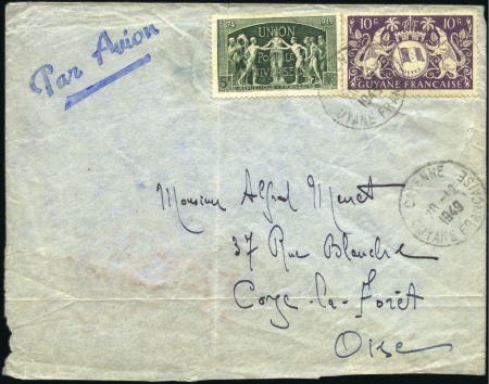 Stamp of Colonies françaises » Guyane française 1949 Utilisation d'un timbre de France UPU 5F vert