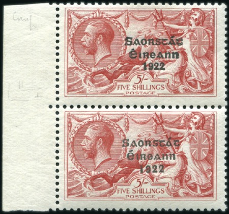 Stamp of Ireland 1927 5s Rose-red, vertical composite left marginal